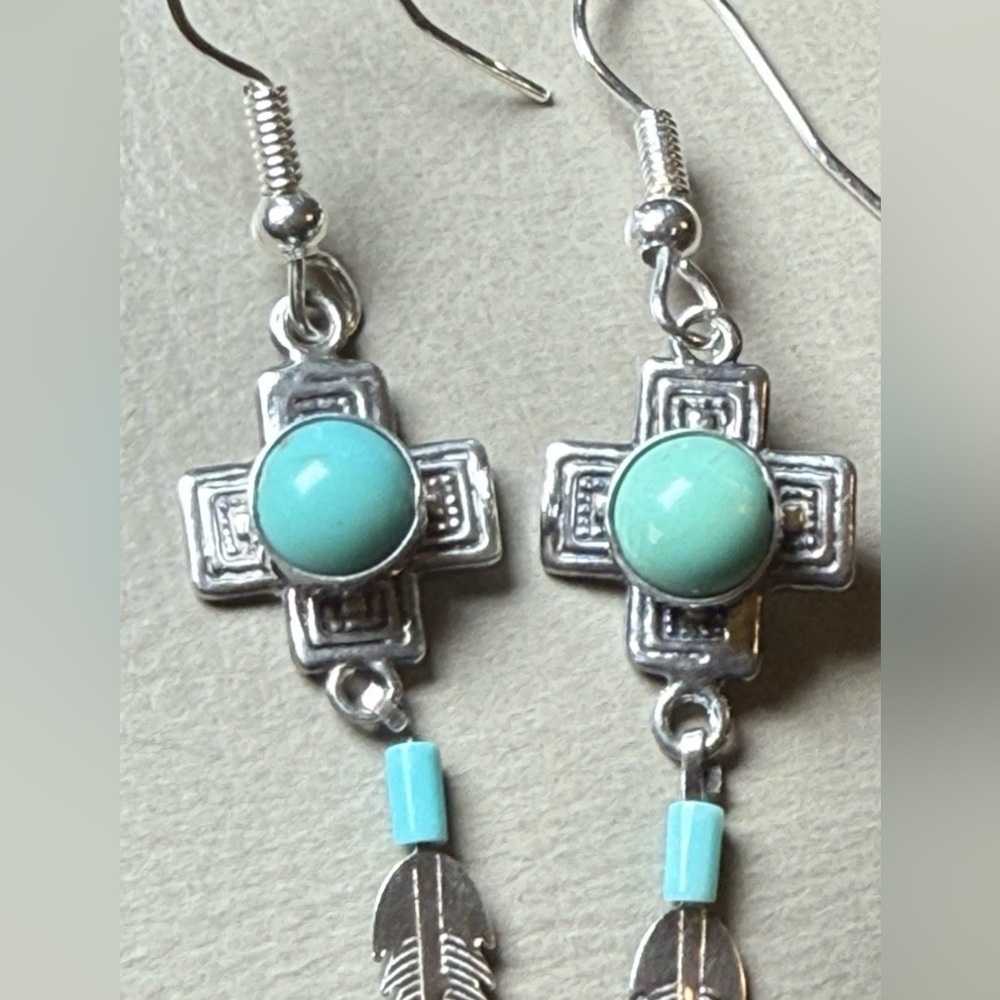 Vtg 925 Sterling Silver Southwestern Turquoise Feather Dangle Earrings by G&S - Picture 3 of 7